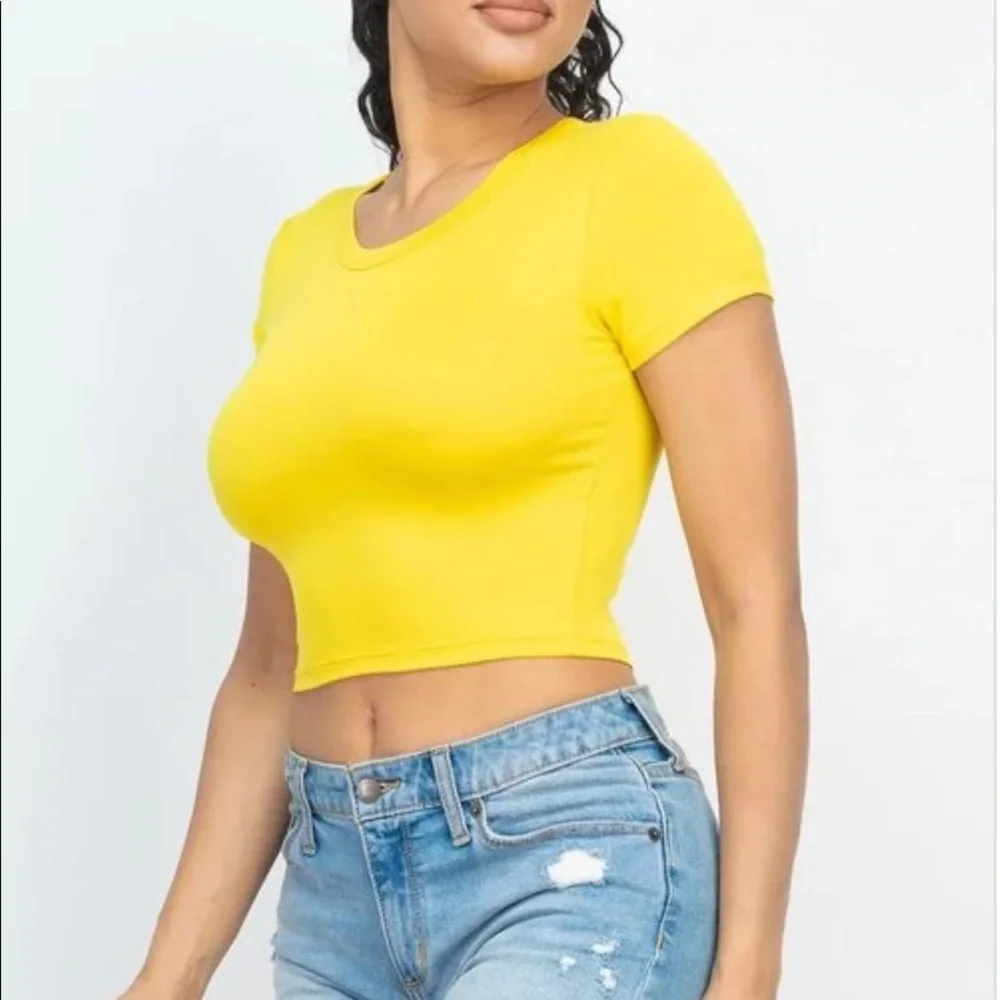 Women Yellow Casual Basic Cap Sleeve Slim Fitted Round Neck Crop Tee - Picture 2 of 5